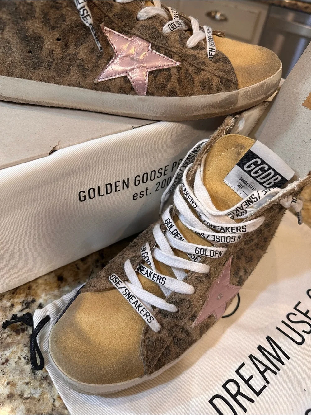 Golden Goose Women’s Leopard Print High-Top Sneakers with Pink Star